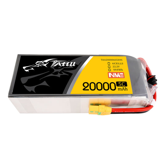 Tattu NMC 20000mAh 6s 5C 22.2V Lipo Battery, Tattu NMC 20000mAh battery pack with XT90S plug and 44.4Wh capacity.