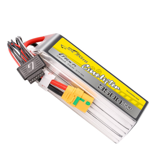 Tattu G-Tech 3500mAh 6S 22.2V 150C LiPo Battery, Tattu G-Tech 3500mAh 6S 22.2V LiPo battery pack with yellow main power plug and balance lead