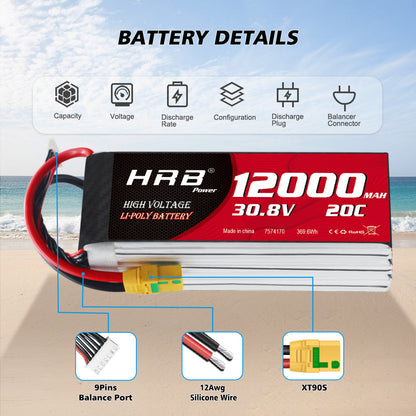 HRB 8S 30.8V 12000mAh HV LiPo Battery details showing 9-pin balance port, 12AWG wire and XT90S plug