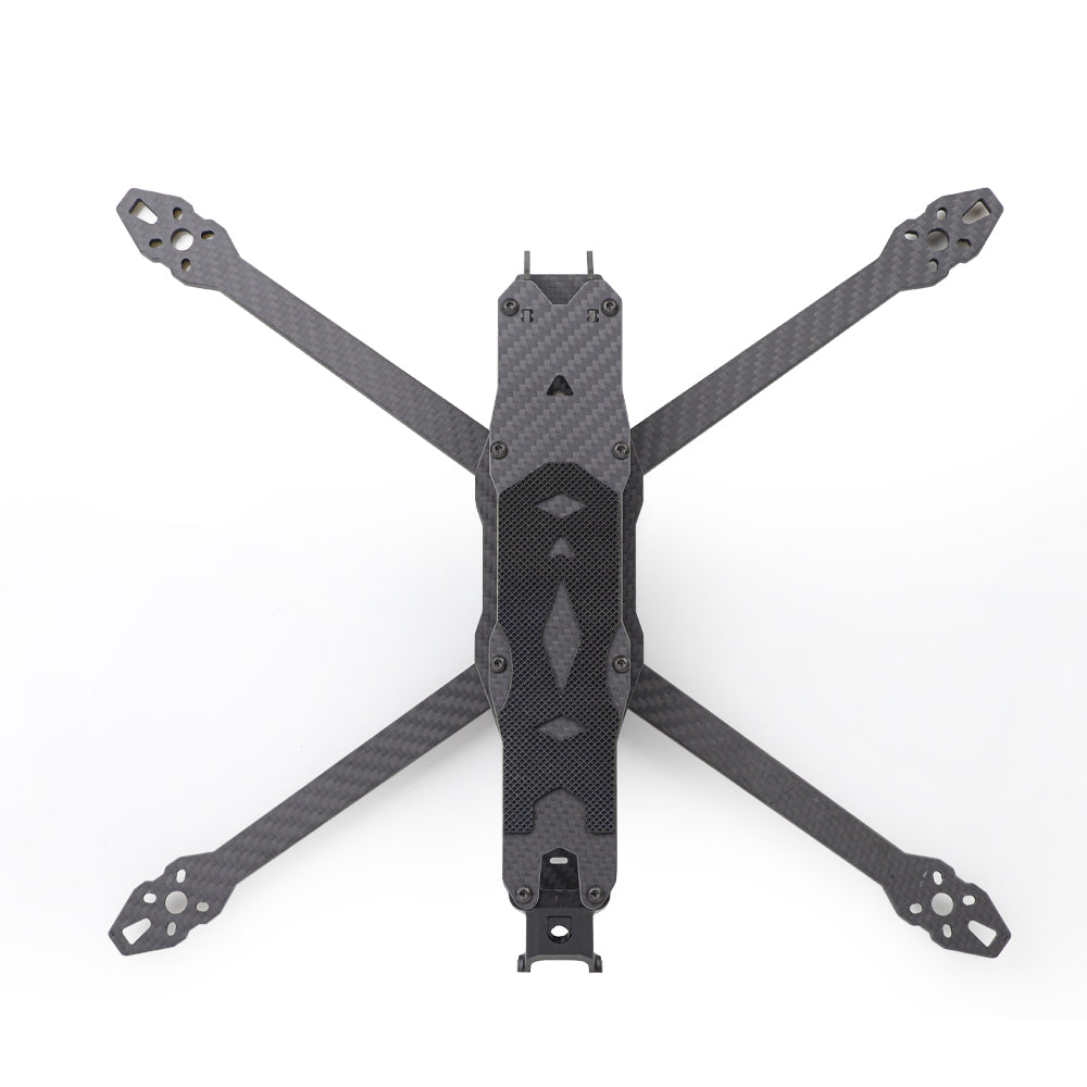 Top-down view of MY7 carbon fiber FPV frame showing X arms, top plate and motor mounting ends
