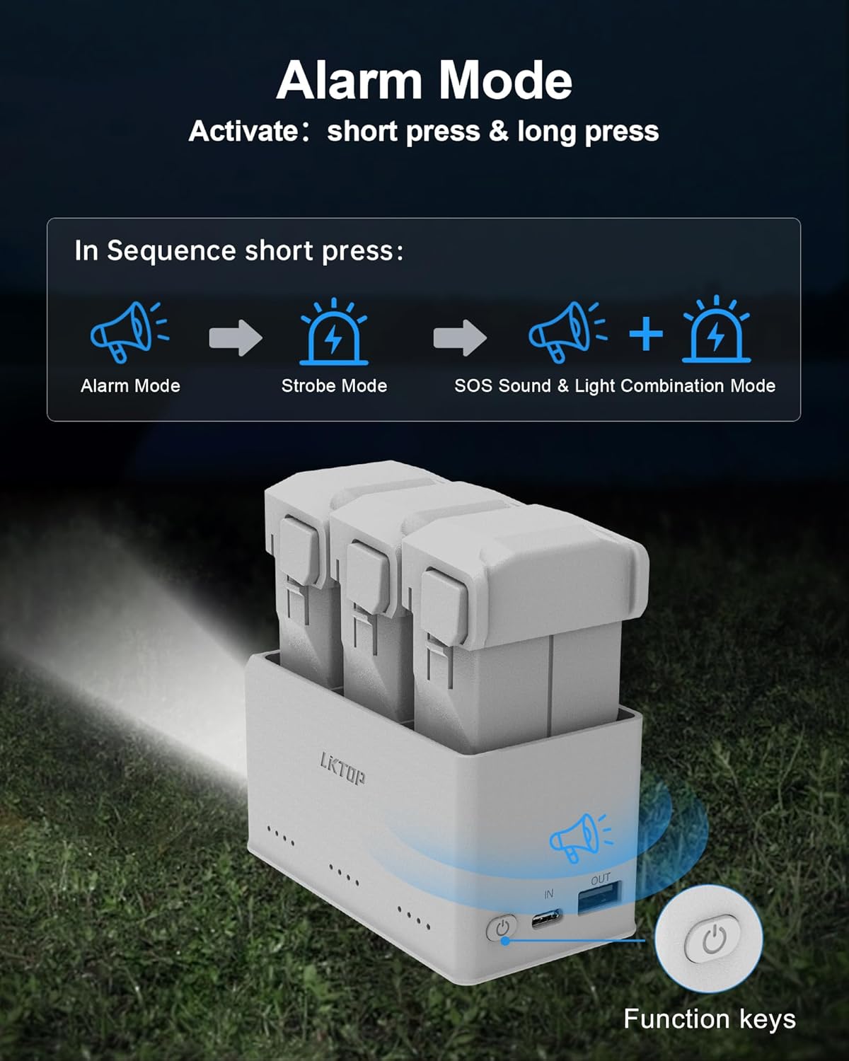 The LKTOP charging hub features alarm, strobe, and SOS modes activated by short key presses.