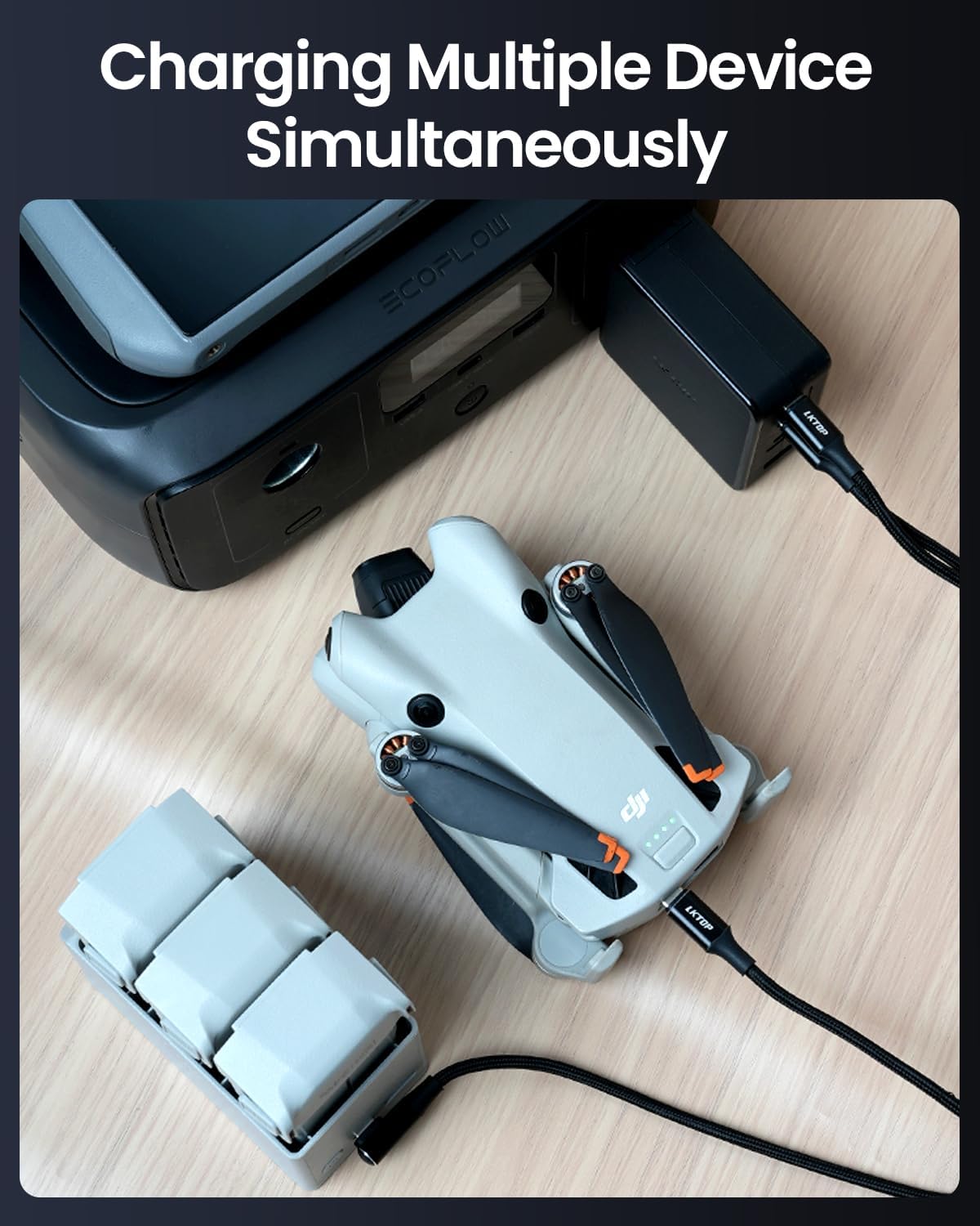 LKTOP 100W GaN charger with four ports and foldable plug charges multiple devices simultaneously.