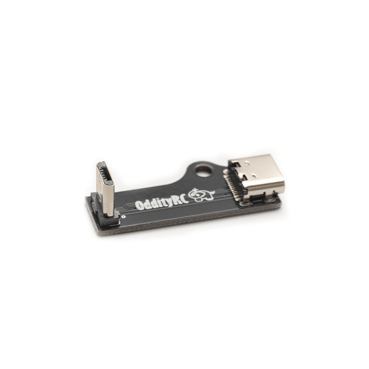 Side view of adapter PCB showing Micro USB plug and USB-C port with OddityRC logo