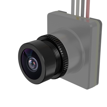 HDZ3313 replacement lens mounted on camera module board, angled front view showing glass and focus ring