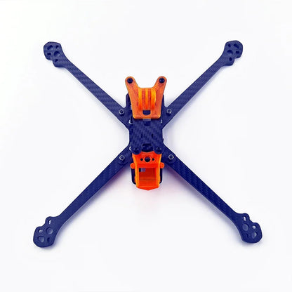 Top view of Darwin 129 FPV quadcopter frame showing X layout, carbon plates, and front mount