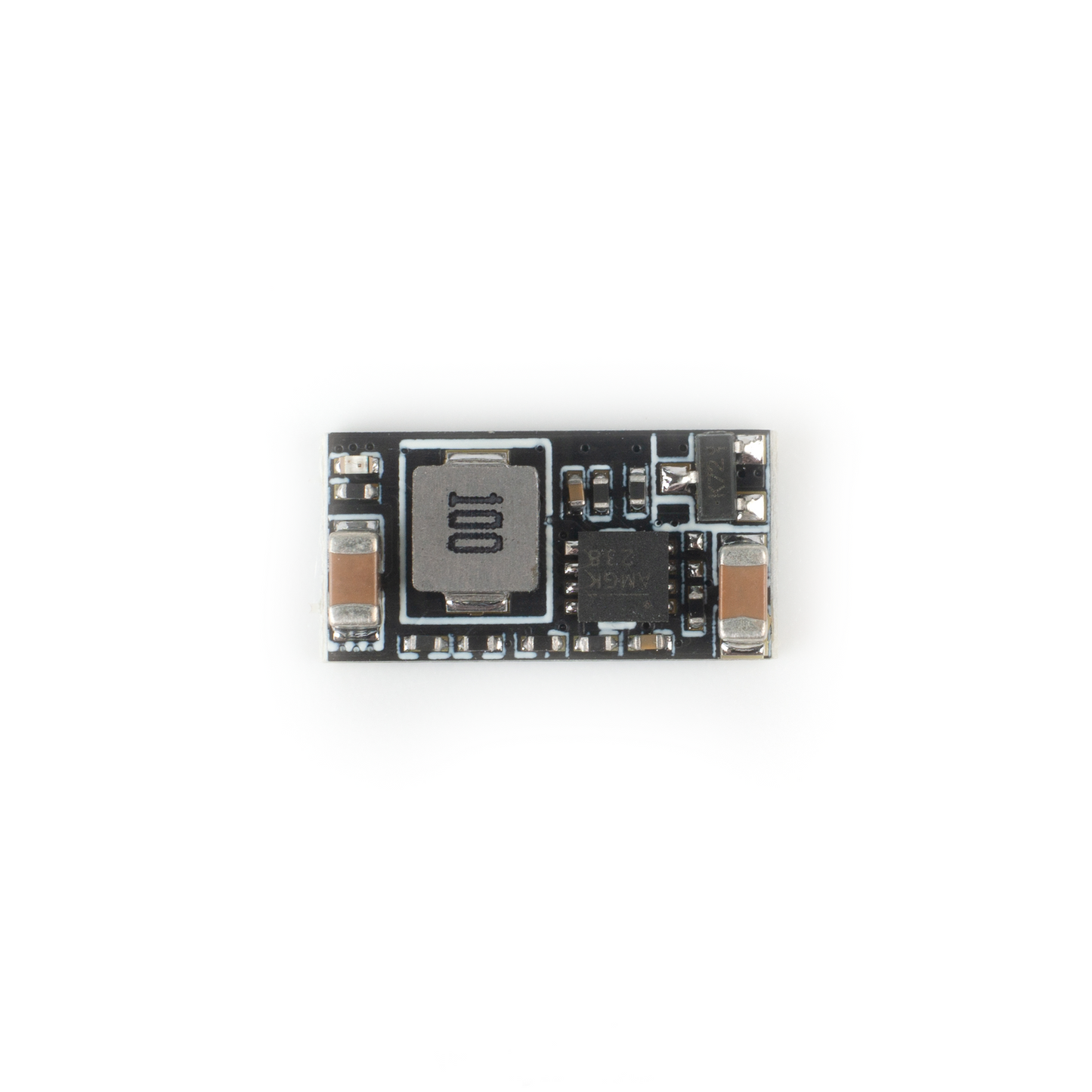 Top-down view of Controllable BEC board with inductor, IC, and surface-mount components