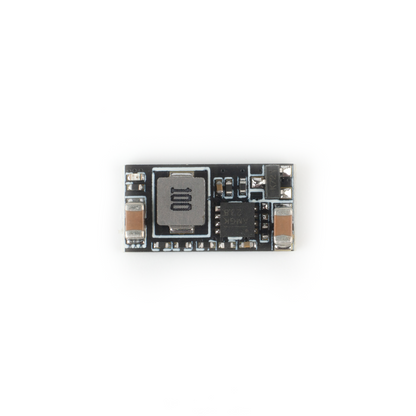 Top-down view of Controllable BEC board with inductor, IC, and surface-mount components