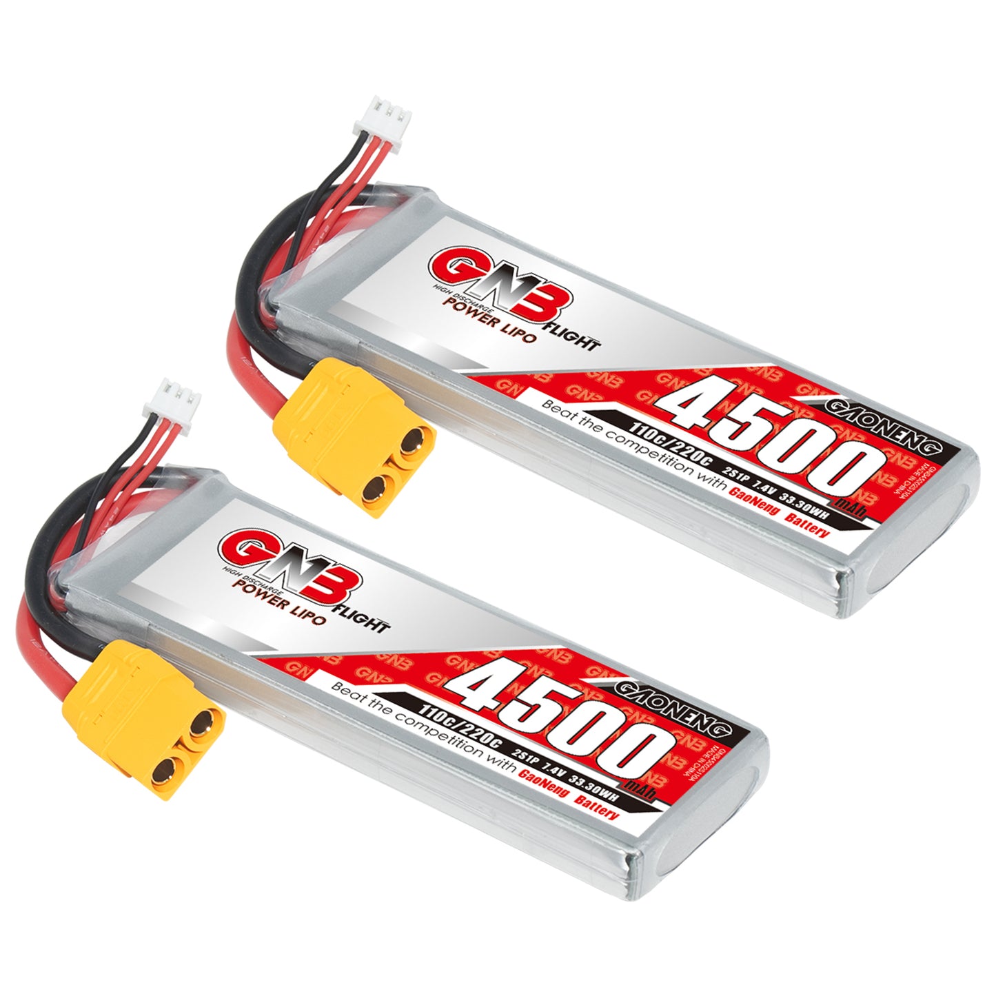 Two GAONENG GNB 4500mAh 2S LiPo batteries shown together with yellow connectors and balance leads