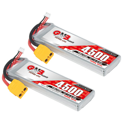 Two GAONENG GNB 4500mAh 2S LiPo batteries shown together with yellow connectors and balance leads