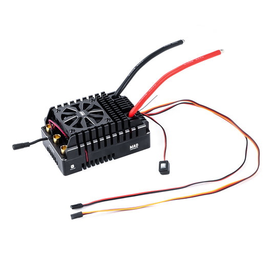 MAD MAX20 400A HV 6-12S Sensored Brushless ESC, MAD MAX20 sensored brushless ESC with fan-cooled heatsink, heavy-gauge red/black power leads, and signal cables