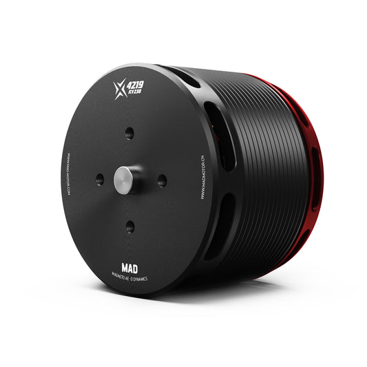 MAD X4219 short-shaft eVTOL airplane drone motor with black cylindrical body, front mounting face, and red rear ring