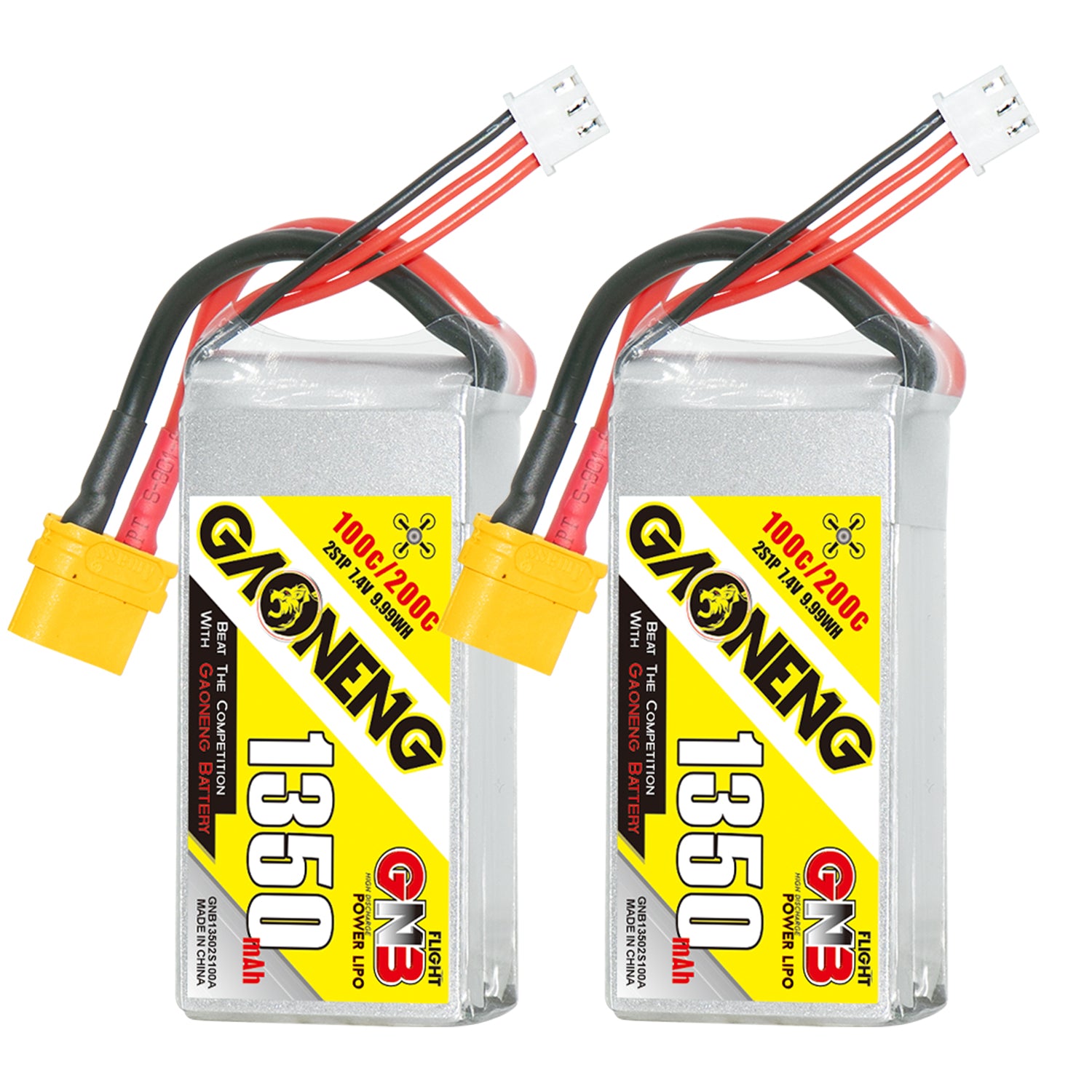 GNB 2S 7.4V LiPo battery pack 1550mAh 100C with XT60 plug, two batteries shown