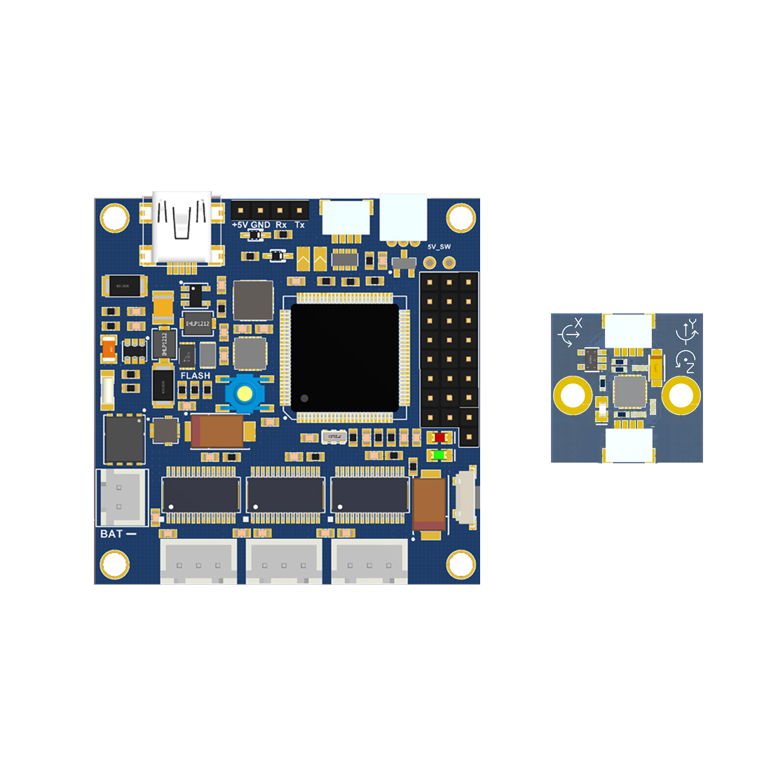 iFlight GM5208-12 gimbal encoder combo set with main controller PCB and small sensor board, labeled +5V/GND/Rx/Tx