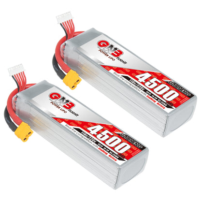 Two GAONENG GNB 4500mAh LiPo batteries shown with XT60 plugs and 5S balance leads