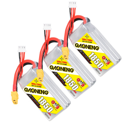 Three GAONENG 1850mAh 3S LiPo batteries shown together with XT60 plug and 4-pin balance connector