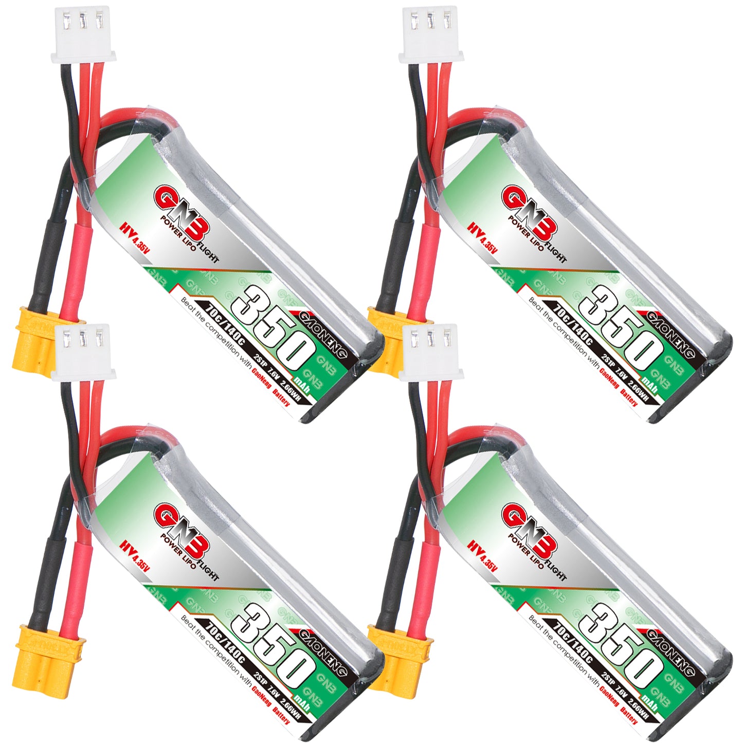 GNB 350mAh 2S LiHV 7.6V LiPo battery with XT30 connector, four-pack collage