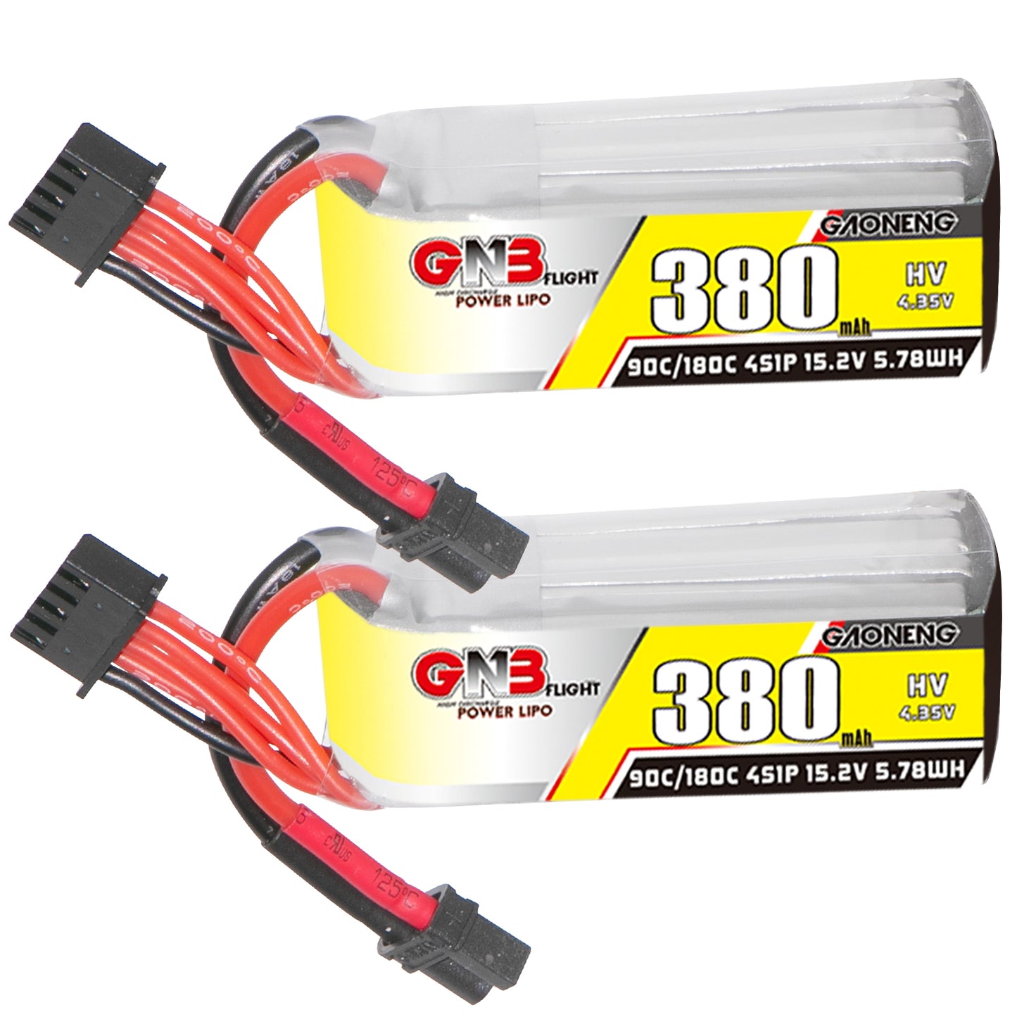 GNB 380mAh 4S LiHV 15.2V 90C micro FPV LiPo battery with XT30 lead, 2-pack shown
