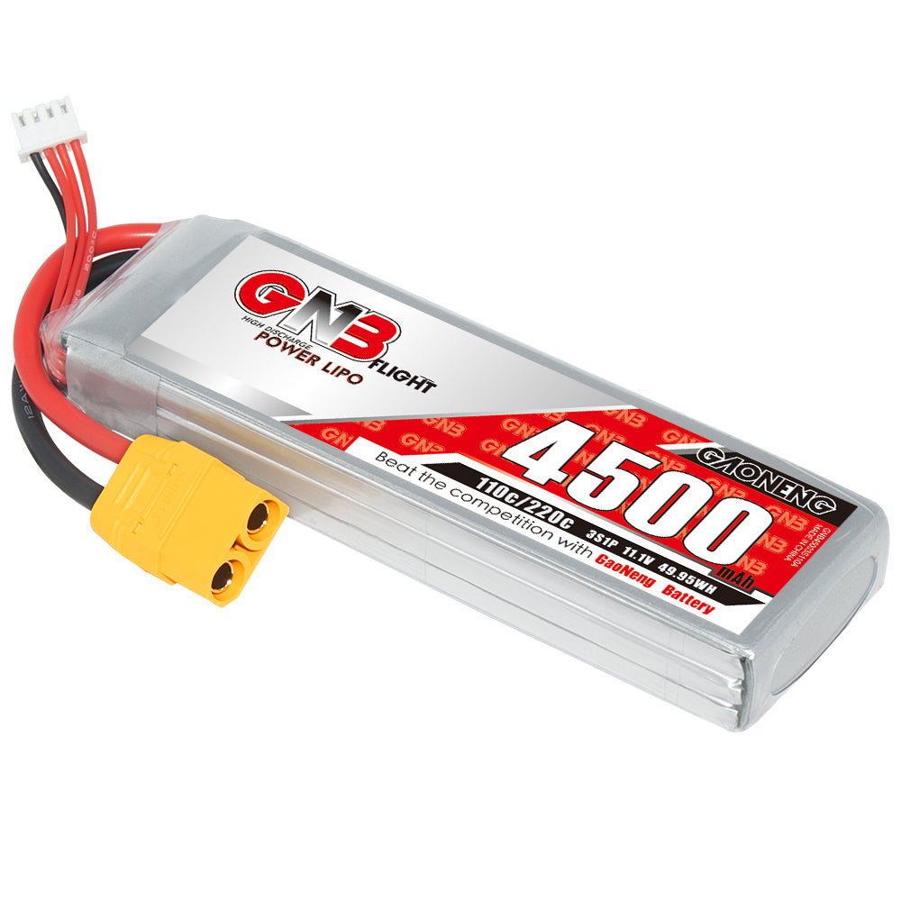 GAONENG GNB 3S 11.1V 4500mAh 110C LiPo battery pack with yellow XT90 connector and balance lead