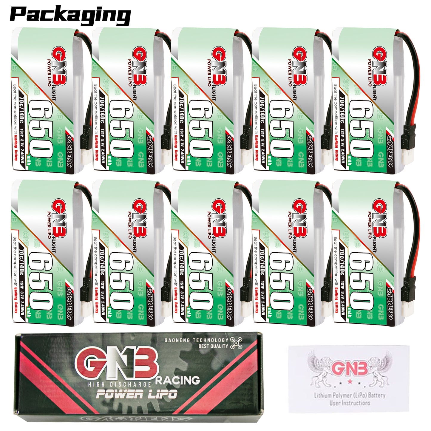 Packaging contents: 10x GNB 650 batteries with GN3 Racing Power LiPo box and user instructions
