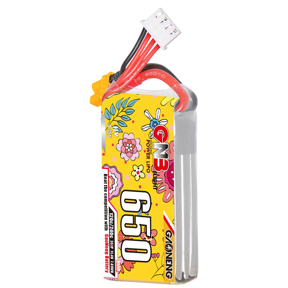 Single GNB 650 LiHV battery front label view with XT30 power lead and white balance connector