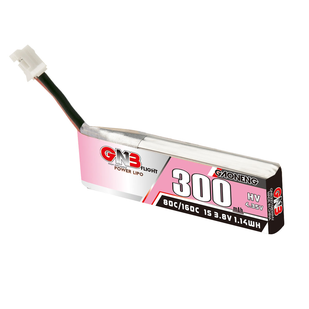 GNB300 300mAh 1S LiHV LiPo battery side view showing lead wire and 4.35V HV marking