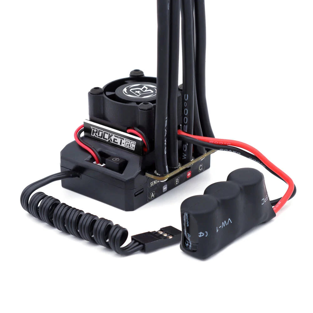 ROCKET-RC 130A ESC with cooling fan, receiver lead, and attached capacitor pack