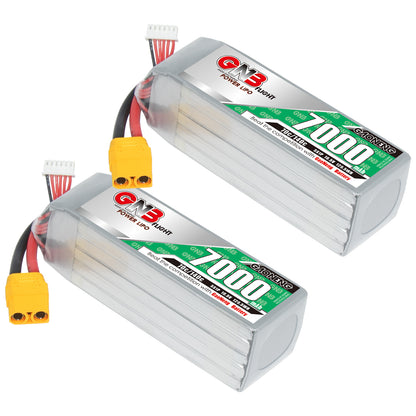 Two GAONENG GNB 7000mAh LiPo battery packs shown at angle with yellow power connectors and balance leads