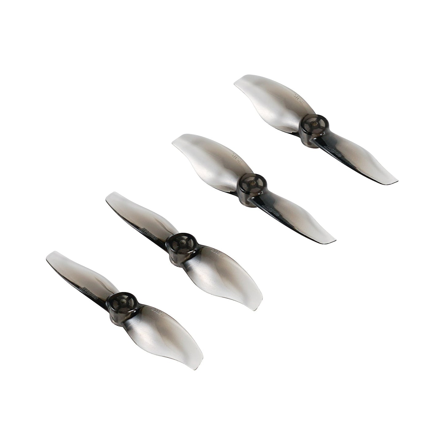 Four translucent smoke-gray 2-blade drone propellers, angled view showing hubs and blade shape