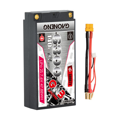 GAONENG GNB LiHV 2S 7.6V 6300mAh 140C shorty hard case battery with yellow lead and 5mm bullets