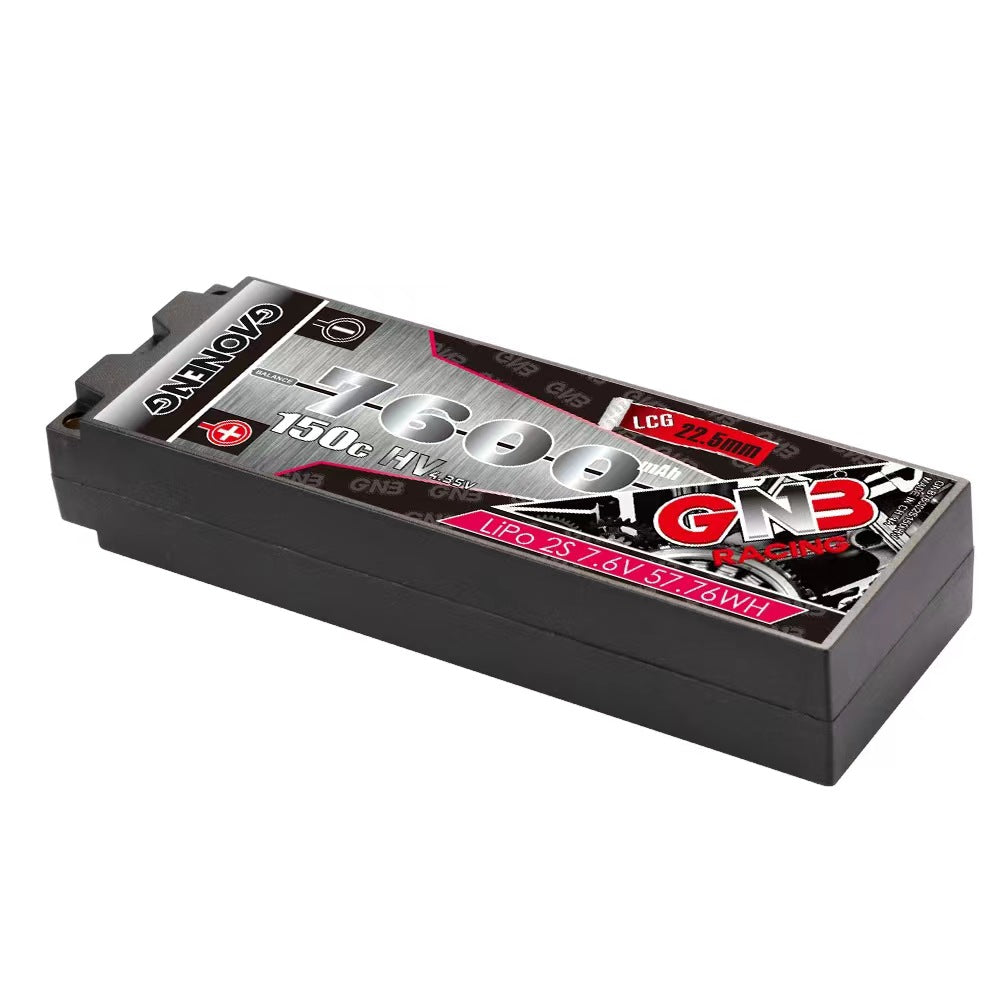 GNB hard case LiPo battery low-profile pack, angled top view showing label and case shape