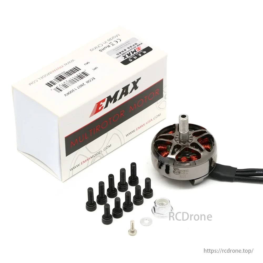 4pcs EMAX ECO II 2807 1300KV 6S Brushless Motor, EMAX ECO II 2807 1300KV motors for 7-inch FPV drones, with screws and accessories, China-made, CE & RoHS certified.
