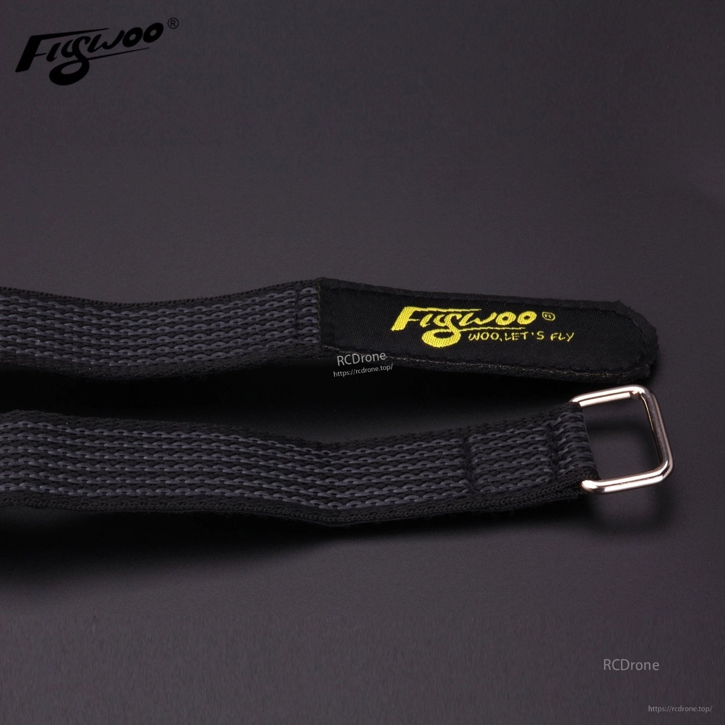 4pcs FLYWOO Kevlar Battery Strap, Flywoo Kevlar battery strap with metal buckle and yellow Flywoo label on black woven webbing