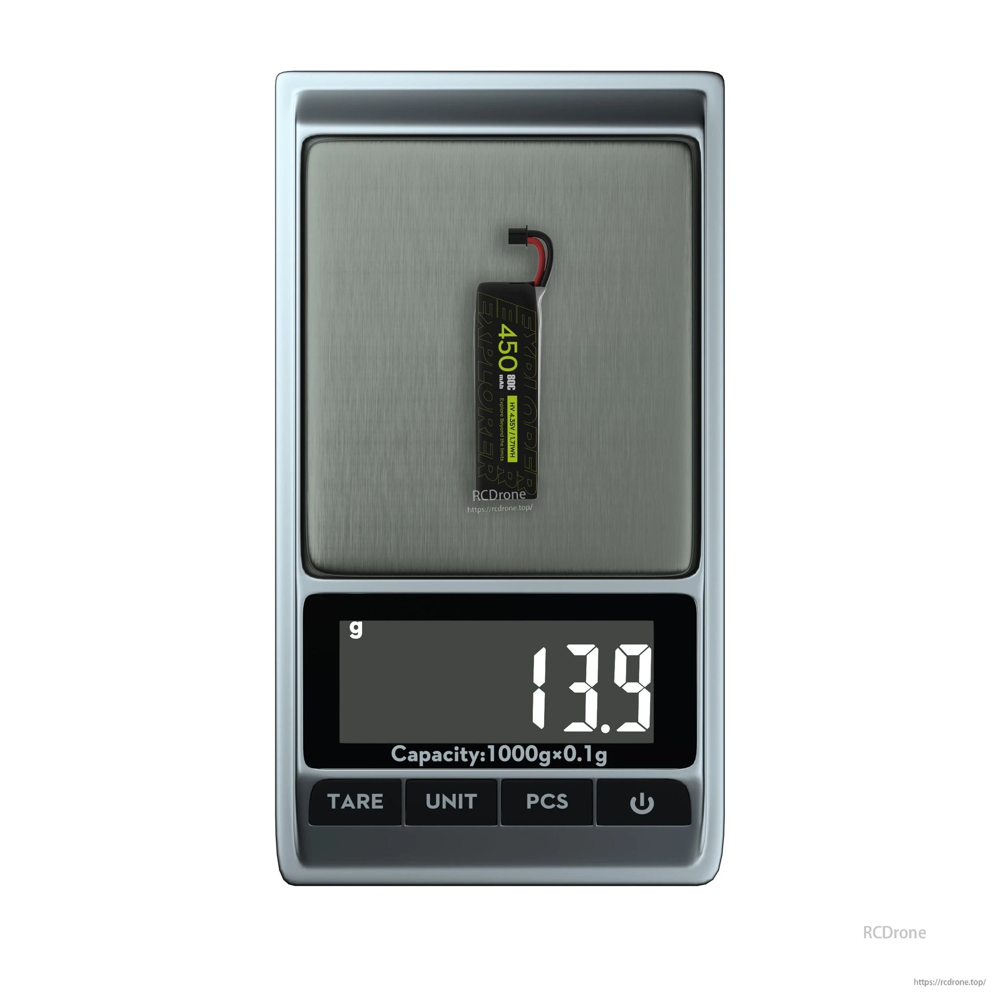 4pcs Flywoo Explorer 1S 450mAh LiHV V2 Battery, 450mAh 1S LiHV micro drone battery with lead wires on a digital scale reading 13.9 g