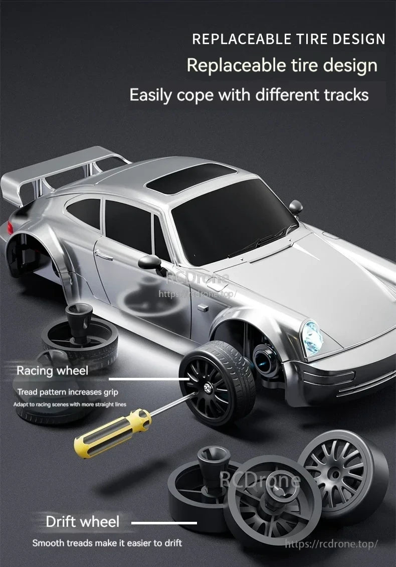 4WD Remote Control Car, Replaceable tire design for 4WD RC cars allows interchangeable racing and drift wheels with varied treads to optimize performance on different tracks.