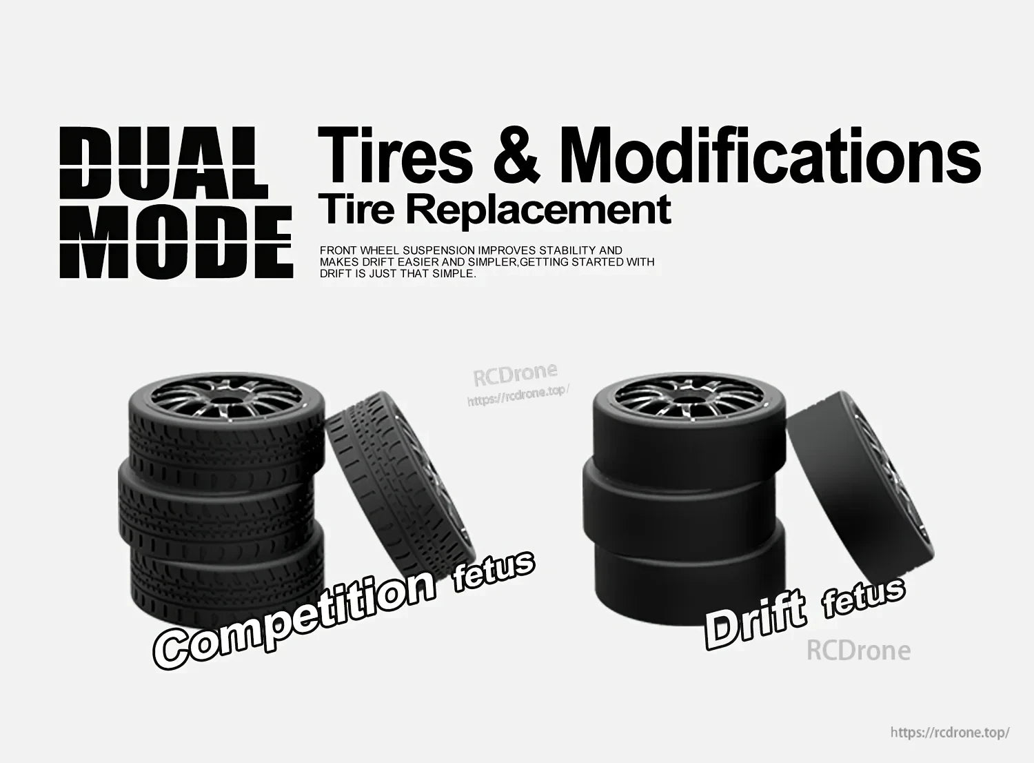 4WD Remote Control Car, Dual Mode Tires & Modifications: Front suspension boosts stability and drift performance with Competition and Drift tires.