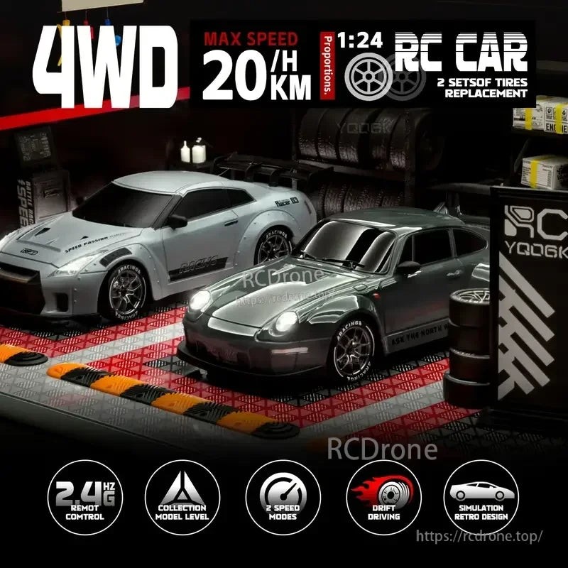 4WD Remote Control Car, 4WD RC car, 1:24 scale, 20 km/h max speed, 2.4G control, 2 speed modes, drift feature, retro design, collectible, with 2 spare tires.