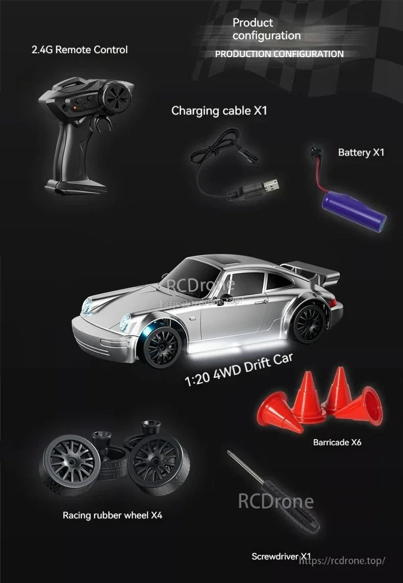 4WD Remote Control Car, Includes 2.4G remote, 1:20 scale 4WD drift car, battery, cable, racing wheels, barricades, and screwdriver.