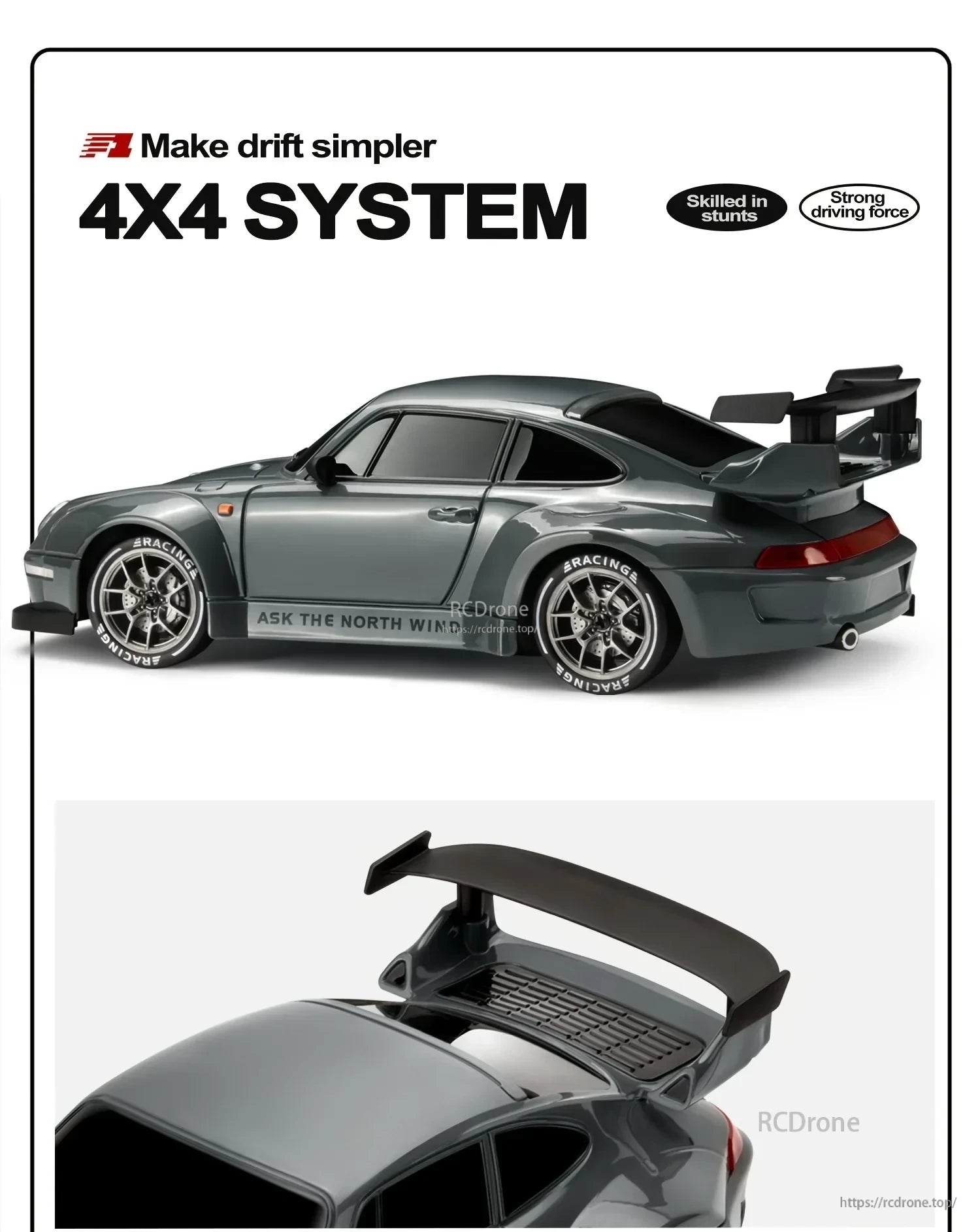 4WD Remote Control Car, 4X4 RC car with drift capabilities, skilled in stunts, powerful drive, racing tires, and sleek design.