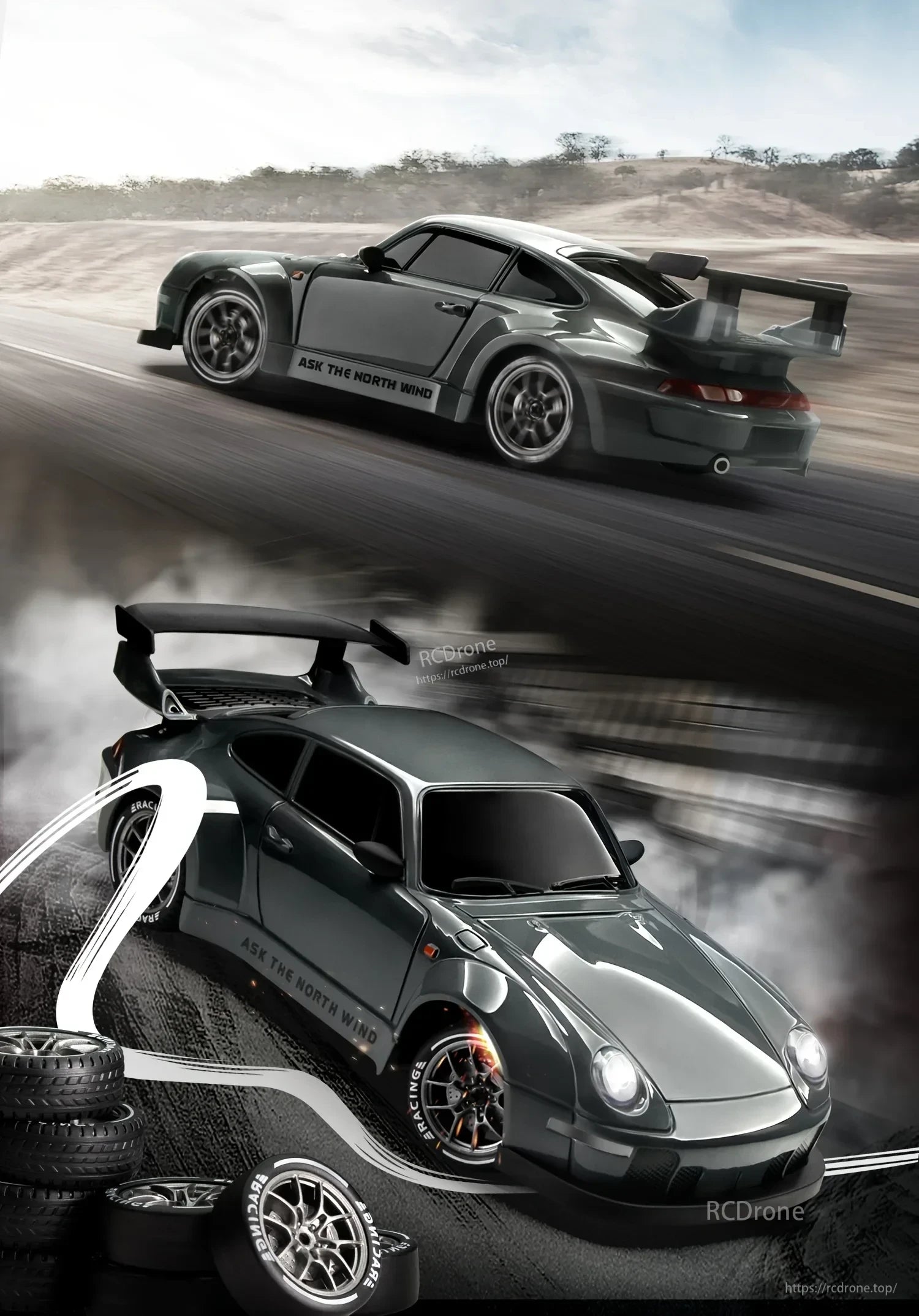 A sleek black 4WD remote control car with racing tires, "ASK THE NORTH WIND" text, and high-speed motion on a dynamic track.