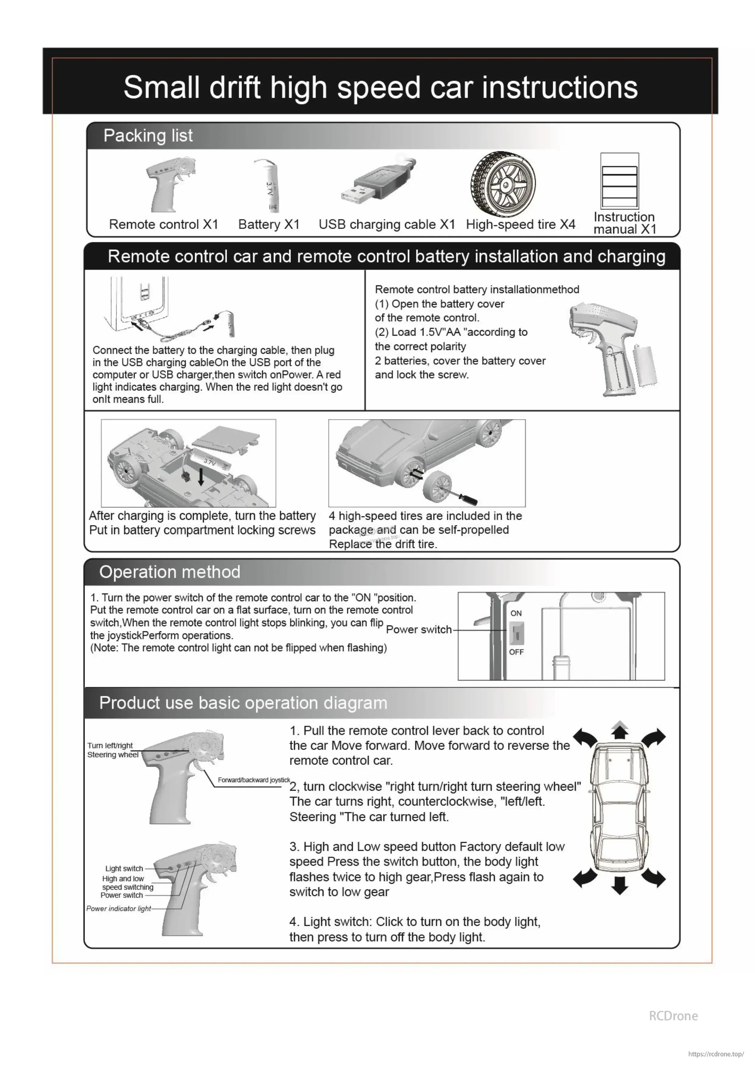 4WD Remote Control Car, The RC car instructions cover setup, charging, and operation. It features remote control, USB charging, high-speed tires, and basic movement, steering, speed, and light controls.