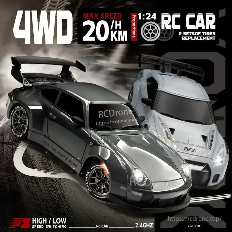 4WD Remote Control Car, 4WD RC car, 1:24 scale, 20 km/h max speed, 2.4GHz, speed switching, 2 tire sets, racing design, sleek body, performance features.