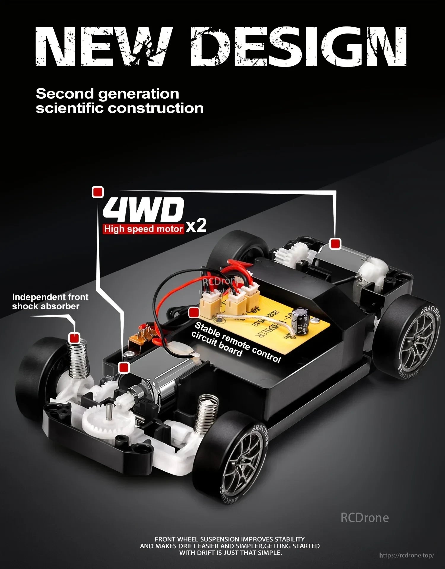 4WD Remote Control Car, New 4WD RC car with advanced design, two high-speed motors, front suspension for improved stability and drifting performance.