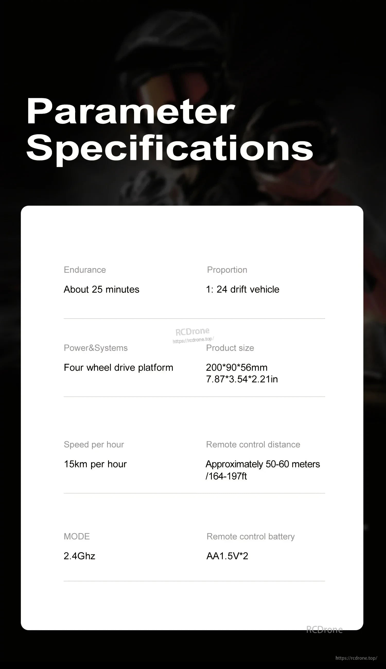 4WD Remote Control Car, 4WD RC car, 1:24 scale, 2.4GHz, 15km/h, 25min runtime, 50-60m range, AA batteries.
