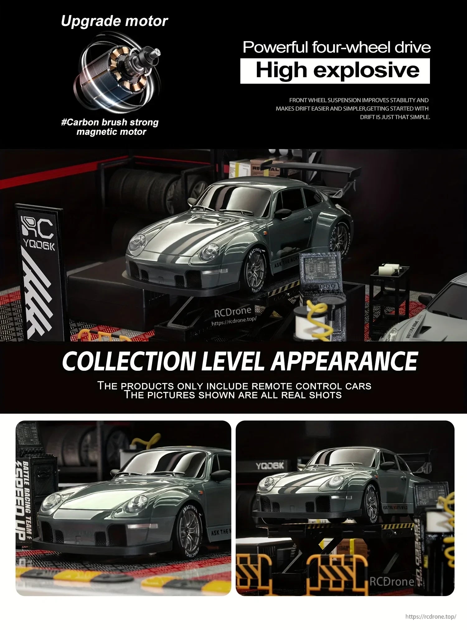 4WD Remote Control Car, Upgraded motor, strong magnetic power, four-wheel drive, high performance. Front suspension improves stability and drifting. Stunning design. Real remote control car shots.