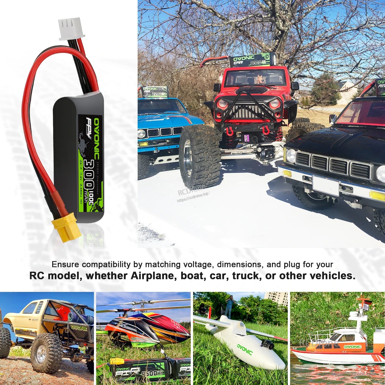 OVONIC 2S 300mAh 7.6V LiHV LiPo battery use cases shown with RC car, boat, airplane, helicopter