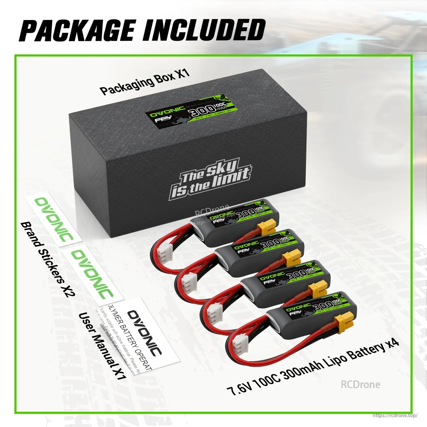 Package contents: box, 4 OVONIC 7.6V 300mAh 100C LiPo batteries, user manual, brand stickers