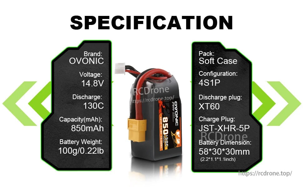 Ovonic 4S 850mAh LiPo specification card: 14.8V, 130C, soft case, XT60 discharge, JST-XHR-5P balance, 58×30×30mm