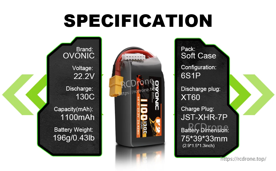 Specification chart for Ovonic LiPo: 22.2V 6S1P 1100mAh 130C, XT60 plug, JST-XHR-7P balance, 196g, 75×39×33mm