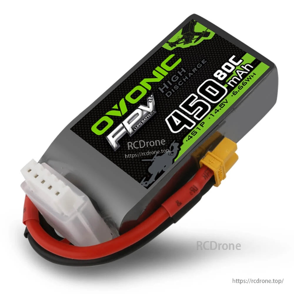 Single Ovonic FPV High Discharge 4S 450mAh 80C LiPo battery, 14.8V label with XT30 and JST-XH connectors