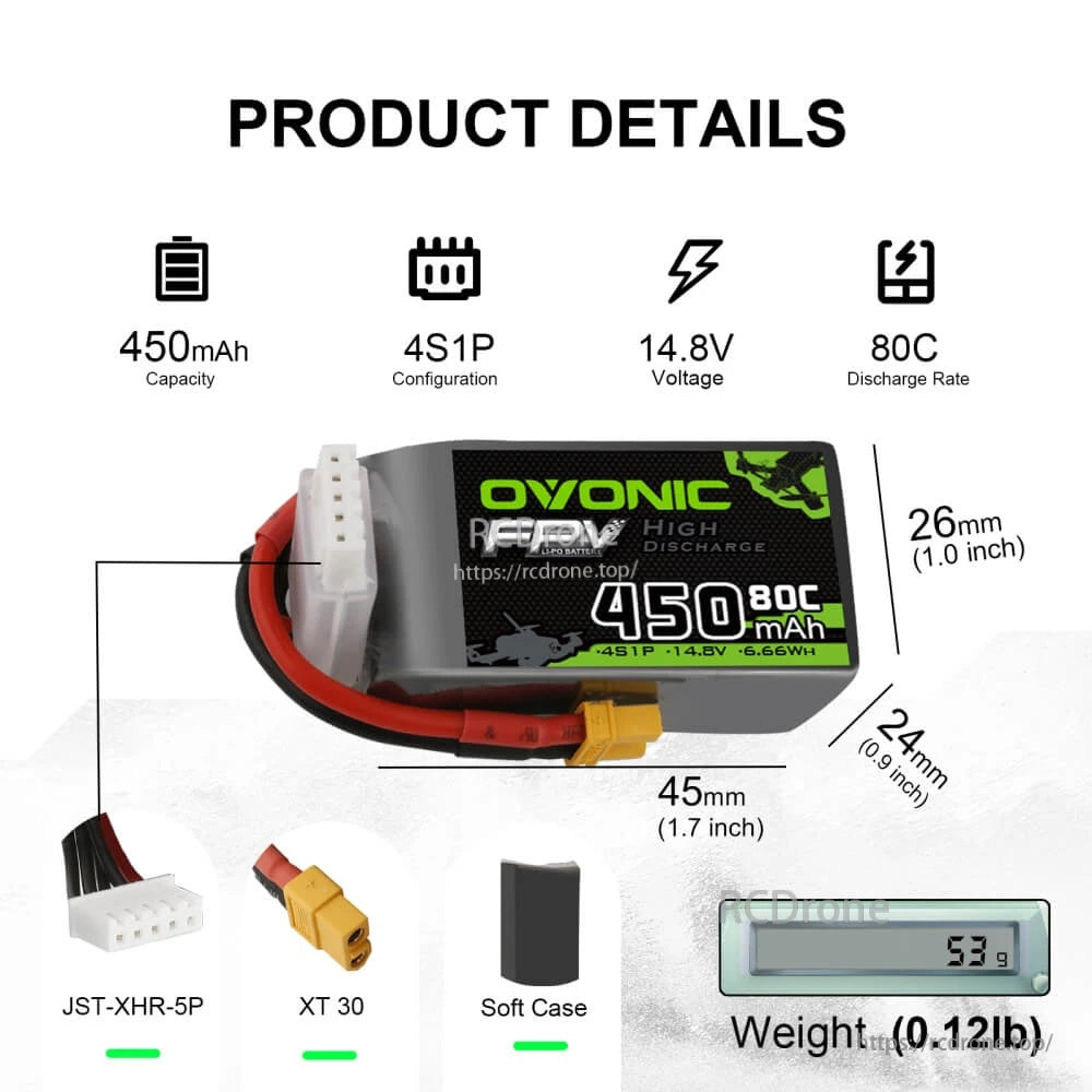Product details graphic: 450mAh 4S1P 14.8V 80C, 45×24×26mm size, XT30 and JST-XHR-5P plugs, 53g weight